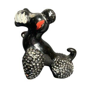 Vintage 50s Black French Poodle Ceramic Figurine Rhinestone Eyes Red Accents
